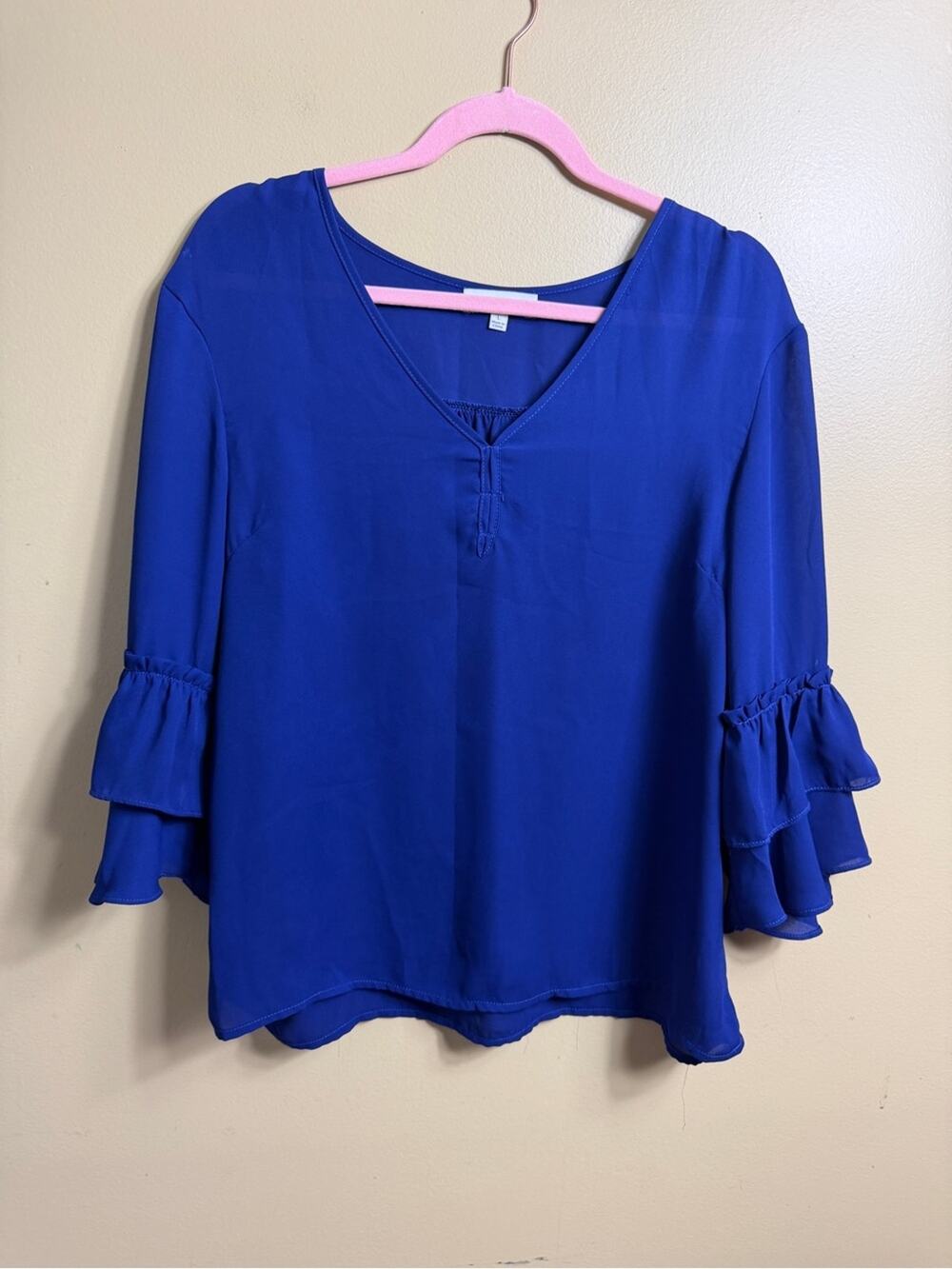 Umgee semi sheer ruffle sleeve top. Large. Royal blue.